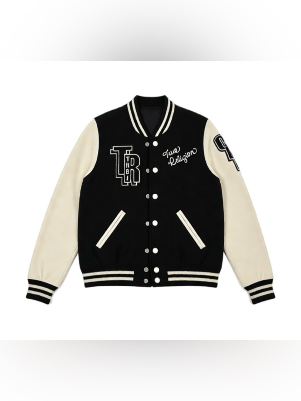 True Religion Varsity Letterman Jacket Black Cream Leather Sleeves Embroidered S